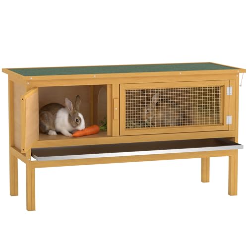 PawHut Wooden Rabbit Hutch Bunny Cage Openable Waterproof Roof for Rabbits | No Leak Tray, Solid Fir Wood Build, for Chickens, Ducks, Indoor/Outdoor