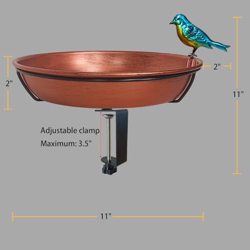 Deck Bird Bath for Outdoors, 11" Copper Metal Birdbath Bowl with Adjustable Big Steel Clamp Backyard Bird Bath&Bird Feeder for Railing Balcony Fence Yard Art Garden Decor - color: Antique Copper