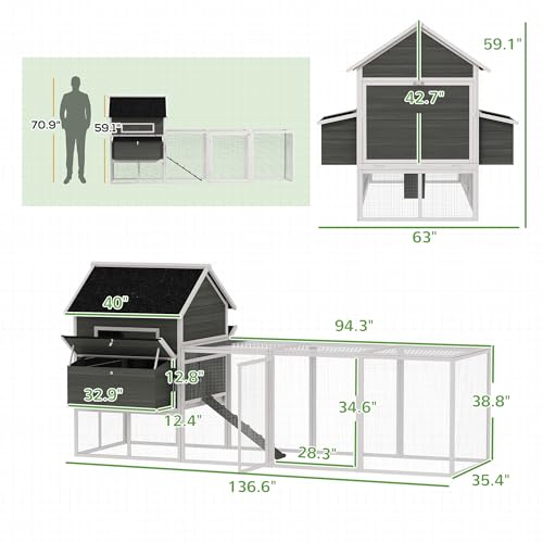 PawHut 137" Chicken Coop with Extra Large Run, for 4-6 Chickens, Dark Gray | Hen House, Wooden Rabbit Hutch Poultry Bunny Cage, Nesting Box, Waterproof Roof, for Backyard - color: Dark Gray