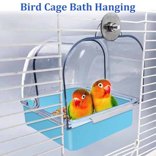 Tfwadmx Bird Cage Bath Hanging Bird Bath Supplies Parrot Bath Tub Water Shower Food Feeder Holder Tray for Small Birds Canary Budgies Cockatiel Lovebirds(Blue) - color: Blue