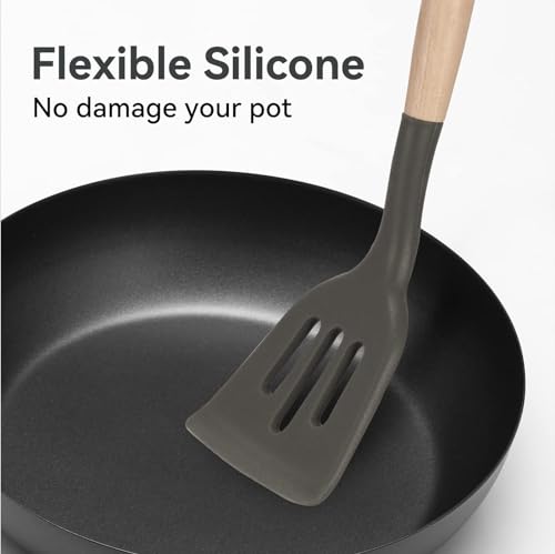 Non-Stick Silicone Cooking Utensils Set, 5 Pcs with Wooden Handle, Heat Resistant Silicone Kitchen Gadgets (Gray) - color: 5 PCS Set Grey