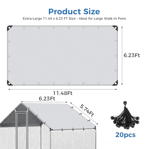 11.48 x 6.23 FT Chicken Coop Cover Waterproof, All-Weather PE Shade, Waterproof UV Resistant Chicken Coop Tarp, Chicken Run Cover for Winter with 20 Ball Bungees, for Large Chicken Pens