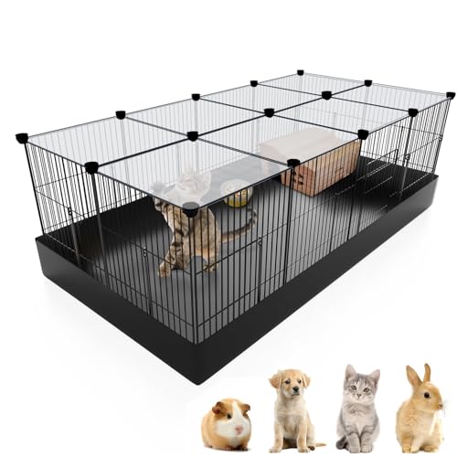 20 Panels Small Animal Playpen with Removable Top Cover & Waterproof Mat - Durable Metal Wire Yard Fence for Guinea Pigs, Rabbits - Indoor & Outdoor Pet Cage - style: 12-Panel Metal with roof