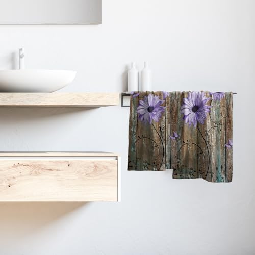 Giwawa Rustic Barn Sunflower Wooden Hand Towel 15x30 Set of 2, Fall Purple Daisy Flower Plank Fingertip Towel Retro Board Face Towel Country Barnwood Washcloth for Bathroom Farmhouse Log Cabin - color: Board Daisy Purple