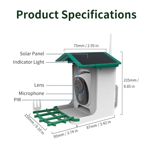 Smart Hanging Bird Feeder with Camera Solar Powered & AI Bi rd Identification, 2.4Ghz WiFi Bird feeders for Outdoors,2.1L Capacity, IP65 Waterproof,Mobile Remote Control,Full-ColorNight Vision
