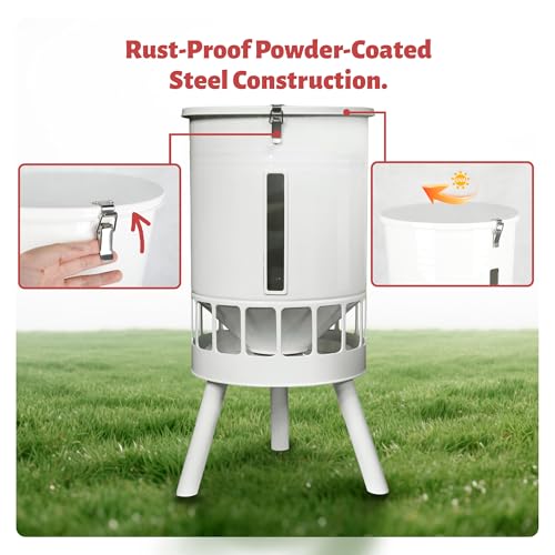 KOL 50LB Metal Chicken Feeder - No Waste, No Clog Design with 16 Ports & Smooth Gravity-Flow, Powder Coated Rust-Proof for Coop Use (Jade White) - color: Jade White