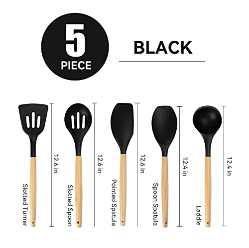 Non-Stick Silicone Cooking Utensils Set, 5 Pcs with Wooden Handle, Heat Resistant Silicone Kitchen Gadgets (Black) - color: 5 PCS Set Black