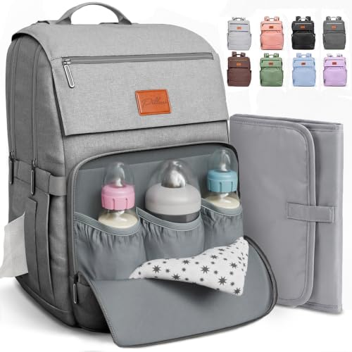 Baby Diaper Bag Backpack - Baby Bags for Boys & Girls, Large Waterproof Diaper Backpack - Baby Shower Gifts & Registry Must Haves - Travel Diaper Bags with Changing Pad & Back Zipper - Baby Boy Stuff - color: P. Light Gray, style: Classic