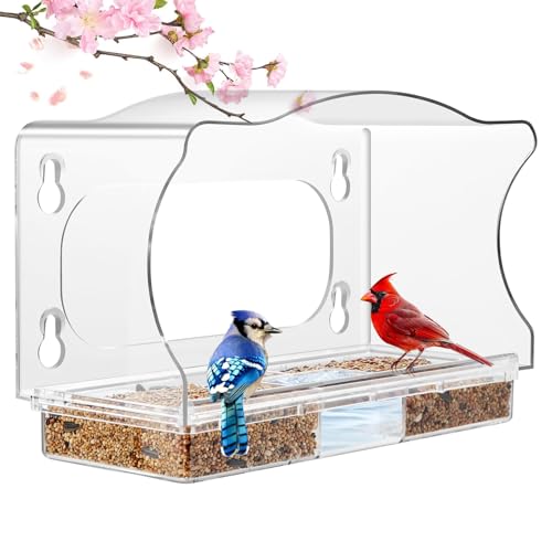 Clear Window Bird Feeder with 4 Extra-Strong Suction Cups | Built-in water trough and drainage holes, large view transparent bird house for outside, bird watching gift for parents