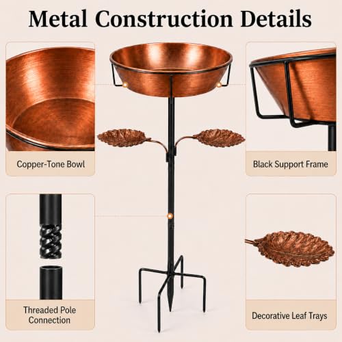 Metal Bird Bath and Feeder for Outdoors, 36.8 Inch, Removable 12 Inch Bowl | 12 inch removable bowl, dual leaf feeder trays, 36.8 and 28.5 inch height options, five-point ground support base