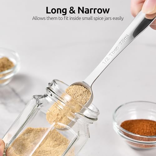 U-Taste 600ºF Heat Resistant Silicone Turners, 13.6in Long Solid & Slotted Kitchen Spatula, and 18/8 Stainless Steel Square Measuring Spoons Set of 8 (Orange+Silver)
