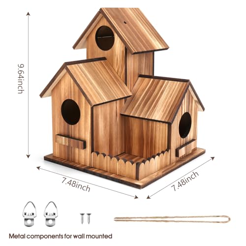 Bird Houses for Outside, Outdoor 3-Hole Large Birdhouse Bird Feeder for Bluebirds, Finches, Cardinals and Yellow Finches, Wooden Hanging Edible Wild Bird Nest Garden Decorative
