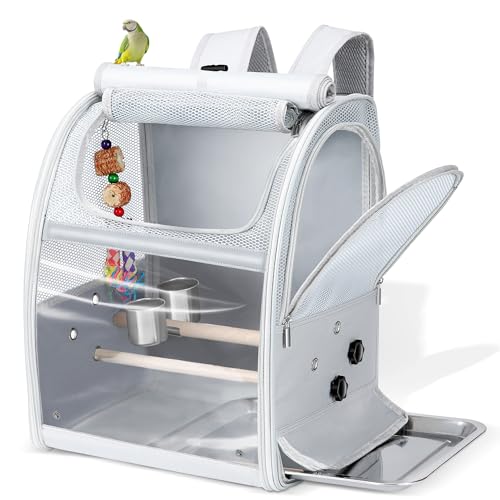 Sanmoncare Bird Carrier Backpack with 2 Adjustable Perches, Water-Repellent Parrot Travel Cage with Stainless Steel Tray, Breathable Pet Carrier for Cockatiels, Conures and Vet Visits - color: Grey