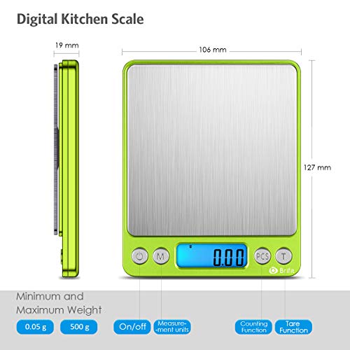 AMIR Digital Kitchen Scale, 500g-0.01g Mini Pocket Jewelry Scale, Cooking Food Scale with Backlit LCD Display, 2 Trays, 6 Units, Auto Off, Tare, Stainless Steel (Battery Included) - color: Green