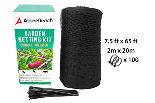 AlpineReach Garden Netting 7.5 x 65 ft Heavy Duty Bird Net, Deer, Plant Protection Extra Strong Woven Mesh, Reusable Kit with Zip Ties, Animal Fencing for Fruits Trees, Black - color: Black, size: 7.5ft x 65ft