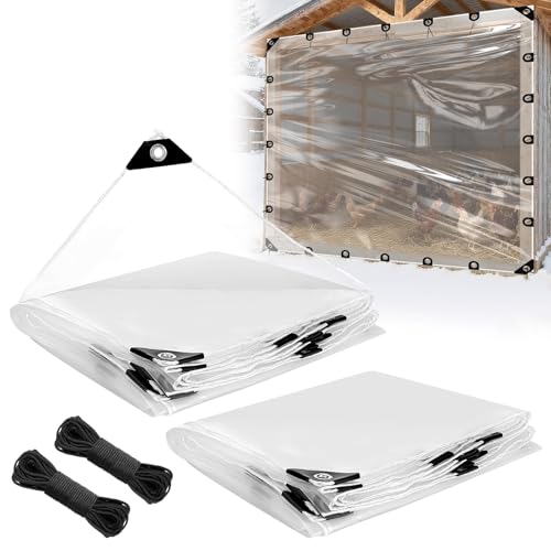 10x10ft Anti-Tear Clear Tarp Waterproof - 2pcs Windproof Poly Tarpaulin, Heavy Duty Transparent Enclosure with Grommets for Covering Chicken Coops Greenhouse Garden Plants - size: 10x10ft