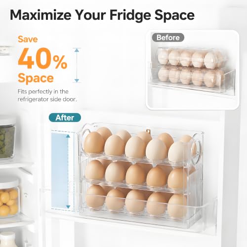 Egg Holder for Fridge, Holds 30 Eggs, Clear | 3-Tier Stackable, Egg Organizer for Refrigerator, Date Tracker & One-Hand Access, BPA-Free PET