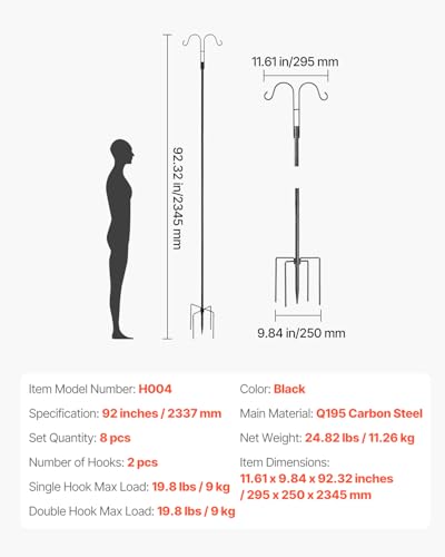 VEVOR Double Shepherds Hooks for Outdoor, 8 Pack 92 Inch Heavy Duty Bird Feeder Pole, 3/4 Inch Thick Garden Hooks for Hanging Hummingbird Feeder, Plant Baskets, Solar Light Lanterns,Wind Chimes