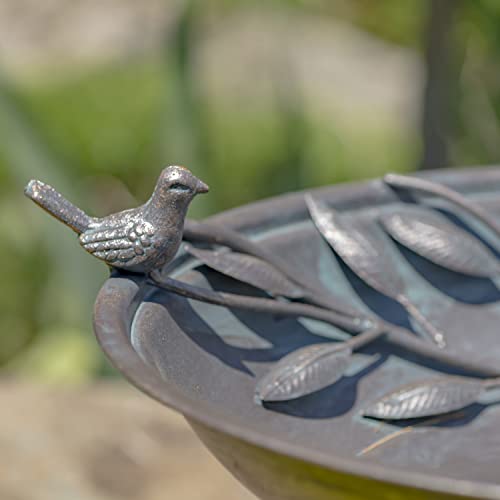 Zaer Ltd. Deep Well Made Metal Birdbath with 2 Cast Iron Birds and Leaf Decoration (Bronze) - color: Bronze