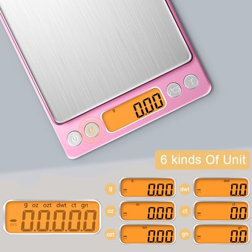 0.01g High Precision Kitchen Food Scale, Diyife 500g Portable Digital Scale | with LCD Display, Tare, Multifunctional Gram Scale Weight for Cooking, Baking, Jewelry, 2 Tray, Batteries Included, Pink - color: Pink