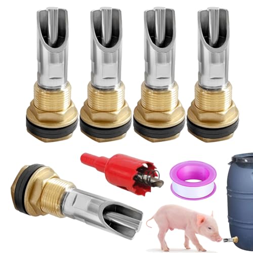 Joywayus 5PCS Stainless Steel Automatic Pig Nipple Water Drinker Feeder Waterer + 5PCS Brass Water Tank Connector Bulkhead Fitting + 1PCS Hole Opener Kit for Sows Piglets Drinking