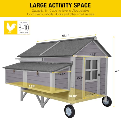 Chicken Coop Super Large Mobile Hen House with Wheels,Strong Iron Frame Outdoor Poultry Cage with Nesting Box,Duck Coop,Rabbit Cage Waterproof - size: 68.1"L x 53.9"W x 49.0"H