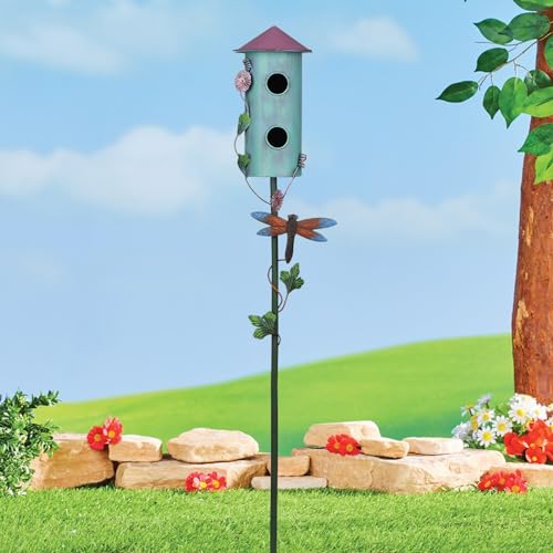 BAYN 57” Metal Bird House Stake for Outside Decorative | Rocket Design, Double-hole, Easy Assembly, Cleaning Door, Sturdy Wild Birdhouse on 5 Pronged Garden Stake Pole - style: Rocket Head