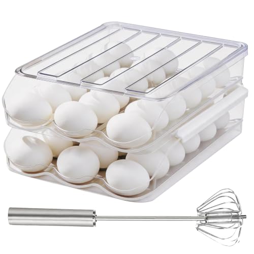 Egg Holder for Fridge, Automatic Rolling Egg Dispenser for Refrigerator with Lid, Stackable 2-Tier Egg Storage Container, Clear Food-Grade Egg Organizer for Fridge Kitchen