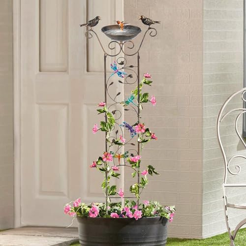 BAYN 43.5 Inch Metal Bird Bath Bowl with Garden Trellis Outdoor | Easy Install, Garden Birdbath and Plants Trellis 2 in 1, Decorative with Dragonfly, Functional Decor for Yard Patio Lawn - style: Dragonfly