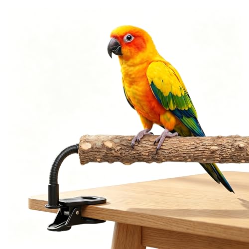 Natural Wood Parrot Perch, Adjustable Clip-On Bird Stand, Flexible Gooseneck Sticks for Conures Cockatiels Lovebirds, Pet Cage Accessories