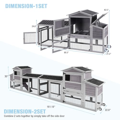 Large Chicken Coop with Run, 80.5’’ Chicken Tractor with Wheels, Wooden Hen House Poultry Cage with Plastic Waterproof Roof and Nesting Box, Leakproof Pull-Out Tray - color: Grey, size: 80.5"L x 21.2"W x 42.5"H