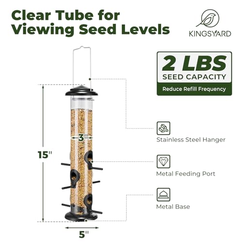 Kingsyard Metal Tube Bird Feeders for Outdoors Hanging | 6-Port with 360° Feeding, No-Spill Design, 2 lb Seed Capacity, Attracts Finches & Songbirds, Garden & Backyard Decor, Black - color: Black