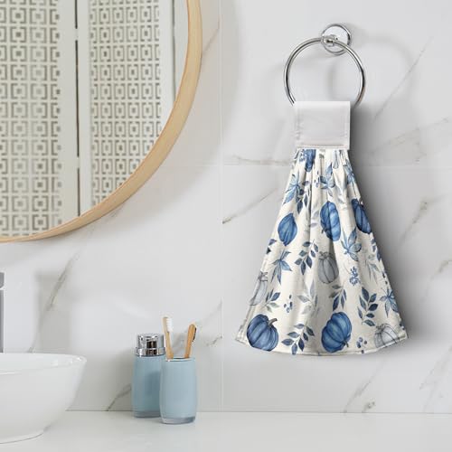 Fall Blue Pumpkin Kitchen Towels with Hanging Loop Autumn Thanksgiving Hanging Hand Towels Seasonal Eucalyptus Maple Leaf Dish Tie Towel Soft Absorbent Fingertip Bath Towel Set of 2 - color: Fall Pumpkin Leaves Blue