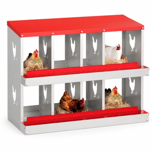 Galvanized Steel Chicken Nesting Box 8 Grids, Metal Egg Laying Boxes for Hens with Hinged Lid and Ventilated Design, Easy Clean Poultry Nest Box for Chicken Coop Accessories, Red, No Legs - color: Red, size: 8 Holes no Legs