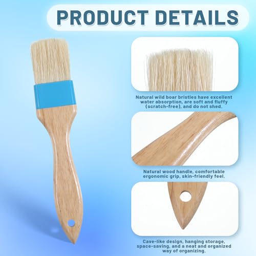 2 PCS 1.5 Inch Natural Bristle Pastry Brush, Pastry Basting Brush Heat Resistant Wooden Handle Butter Brush, Basting Brush for Cooking, BBQ, Baking, Egg Wash, Oil, Blue