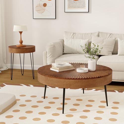 COSTWAY Farmhouse Round Coffee Table Set of 2, Rustic Sofa Side Tea Tables w/Wood Finish, Metal Frame, Adjustable Foot Pads, Nesting End Table Set for Living Room, Bedroom (Radial Pattern, Brown) - color: Brown, style: Radial Pattern