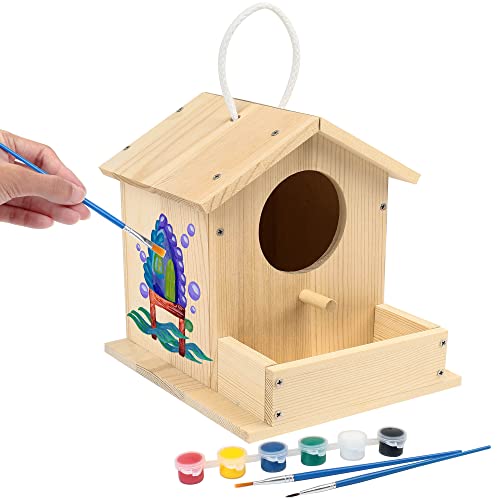 LotFancy Bird House Kit, DIY Wooden Birdhouse Kits, Arts and Crafts Painting Kits for Kids Ages 4+, Build and Paint, Including Paints & Brushes - style: Build a Bird House