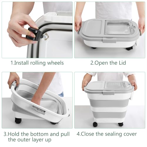 30LB Dog Food Storage Container with Wheels, Lid, Handle, Cup and Scoop | Collapsible Pet food Storage Containers, Airtight Food Storage Bin for Cat Dog Kibbles, Bird Seed, Rice, Flour, Cereal -Grey - color: 30 Lbs Grey