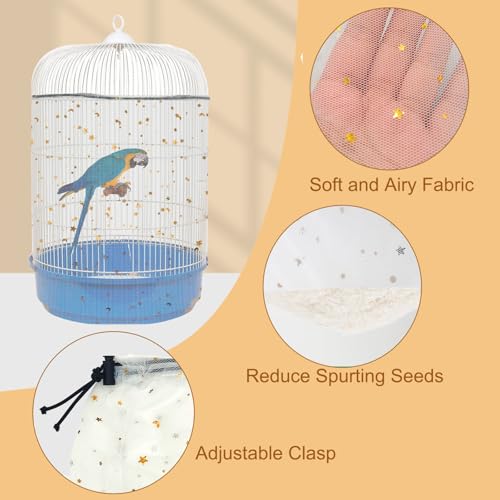 Bird Cage Seed Catcher, 45-90'' Adjustable Bird Cage Cover, Universal Nylon Bird Cage Mesh Net, Bird Cage Skirt Guard Accessories for Parrot Parakeet Macaw Round Square Cage (White) - color: White, size: Small