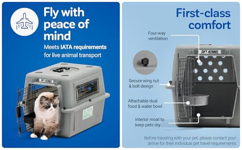 Petmate Sky Kennel For Air and Travel Airline Compliant Dog Crate for Smaller Dog Breeds or Pets up to 15 lbs, Heavy Duty Dog Kennel, Made in the USA- 21" L | Travel carrier made in USA, durable hard shell, secure door, great for air and road trips, safe