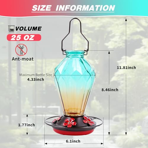 2 Pack Glass Hummingbird Feeder for Outdoors Hanging, 25Oz Humming Bird Nectar Feeder, Perch, 5 Flower Feeding Ports, Leak Proof Base, Hook for Outside Garden Backyard, Diamond Green - color: Diamond Green-2