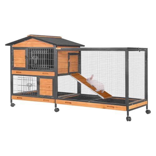 GUTINNEEN Rabbit Hutch with Chew-Resistant Metal Frame Indoor Bunny Cage Outdoor Rabbit Cage with Wheels and Leakproof Tray - color: Wooden Brown