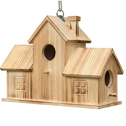 Bird Houses for Outside 3 Hole Bird House Room for 3 Bird Families Outdoor Bluebird Finch Cardinals Wooden Hanging Birdhouse for Garden