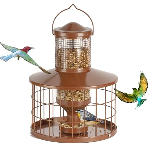 Caged Bird Feeders Squirrel-Proof, Metal, 2.8 Lbs Capacity-Cage Tube Seed Feeders with Tray Outdoor Hanging, Attract Birds,Detachable Cleaning, Starling Proof Wild Bird Feeder（Brown） - color: Brown