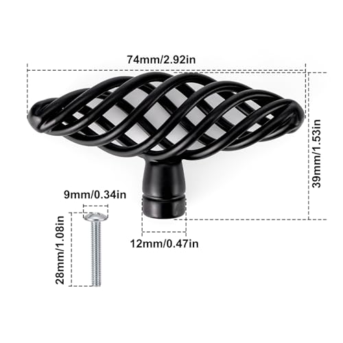 6Pcs Muted Black Birdcage Cabinet Handle Single Hole for Drawer | Nest Twist Design, Fits Wardrobe Cupboard and Kitchen Dresser, Easy Install