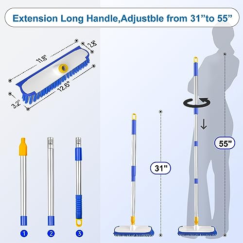 55" Extendable Floor Scrub Brush, 12" Wide Heavy-Duty 2-in-1 Scrub & Squeegee Deck Brush for Tile Grout Shower Floor, Kitchen, Restaurant, Patio & Garage Cleaning - color: Blue&white