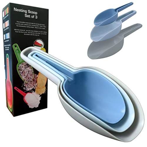 Flour Scoop Set of 3 for Canisters, Ice, Popcorn, Pet Food, Dry Goods, Coffee Beans, Candy - Plastic Scoops 1.7/3.4/5.1 oz - color: Gray+Blue+Light Blue