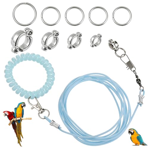 Bird Leash with 4 Different Size Foot Ring, Parrot Flying Rope Elastic Bird Harness Flying Leash Outdoor Training Traction Rope for Conure Cockatiel Parakeet Macaw Budgerigar