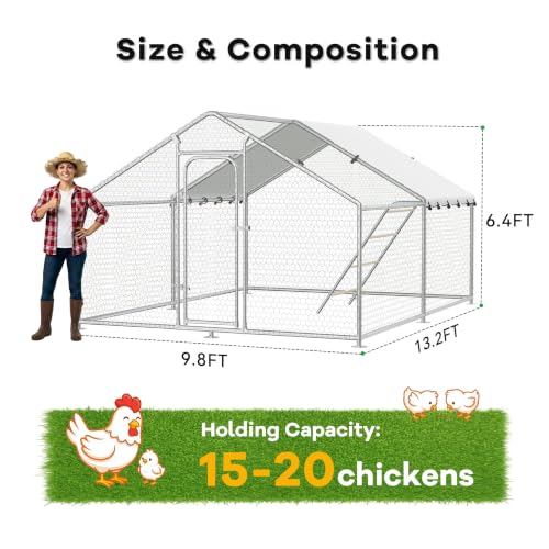 Large Metal Chicken Coop with Roosting Perch and Cover | Spire roof outdoor walk-in cage with waterproof UV-resistant cover, 10' x 13.2' x 6.4' space for poultry - size: 157.48×118.11×77.95 inch