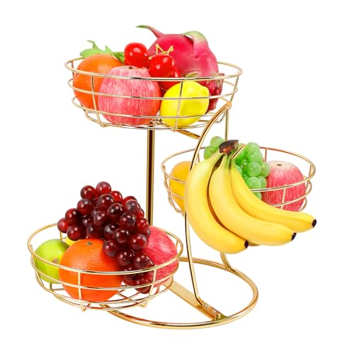 Livabber Fruit Basket Bowl with Banana Hanger, Fruit Vegetable Storage Basket with Banana Tree Holder for Kitchen Counter, Detachable Organizer for Bread Snack Produce (Gold, 3-Tier Metal Base) - color: Gold, style: 3-Tier Metal Base